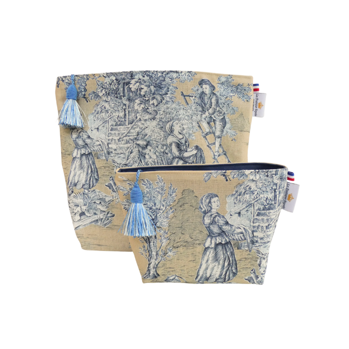 Trousse de Toilette - Collection Toile de Jouy Pastorale Bleu fond Beige