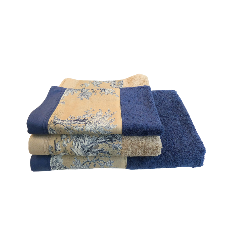 LINGE DE BAIN - COLLECTION PASTORALE BLEU FOND BEIGE - EPONGE TAUPE