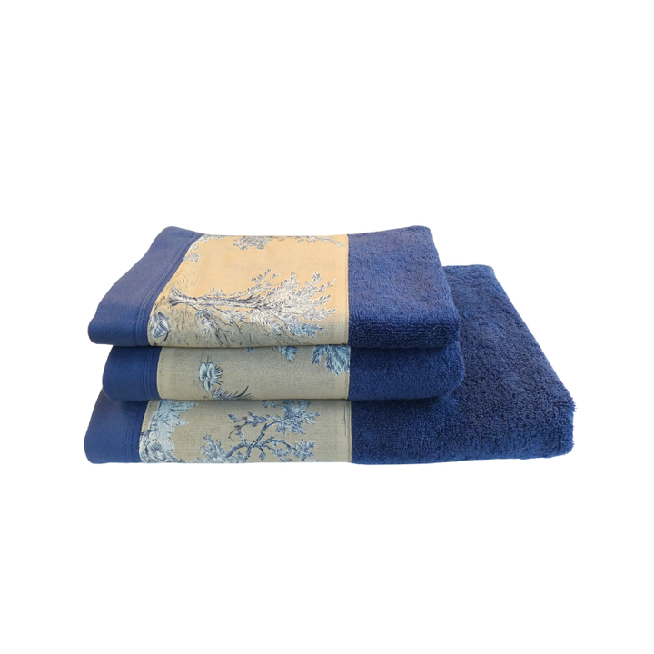 LINGE DE BAIN - COLLECTION PASTORALE BLEU FOND BEIGE - EPONGE TAUPE