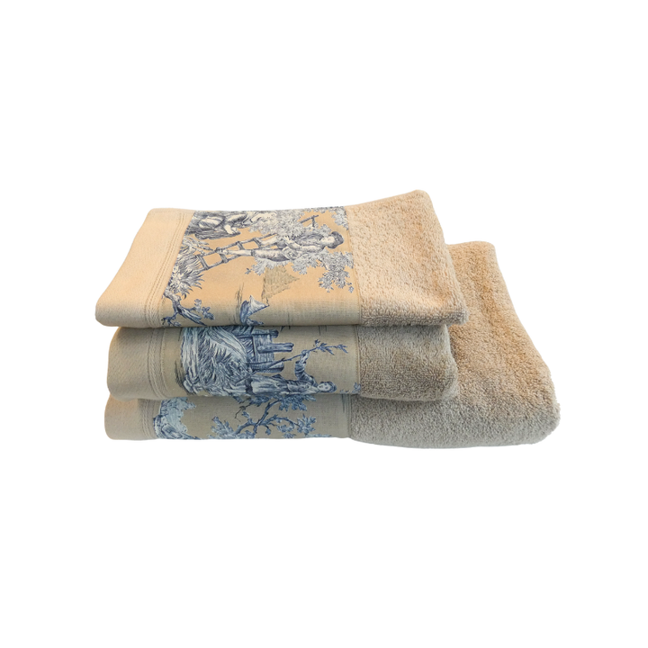 LINGE DE BAIN - COLLECTION PASTORALE BLEU FOND BEIGE - EPONGE TAUPE