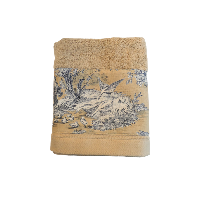 LINGE DE BAIN - COLLECTION PASTORALE BLEU FOND BEIGE - EPONGE TAUPE