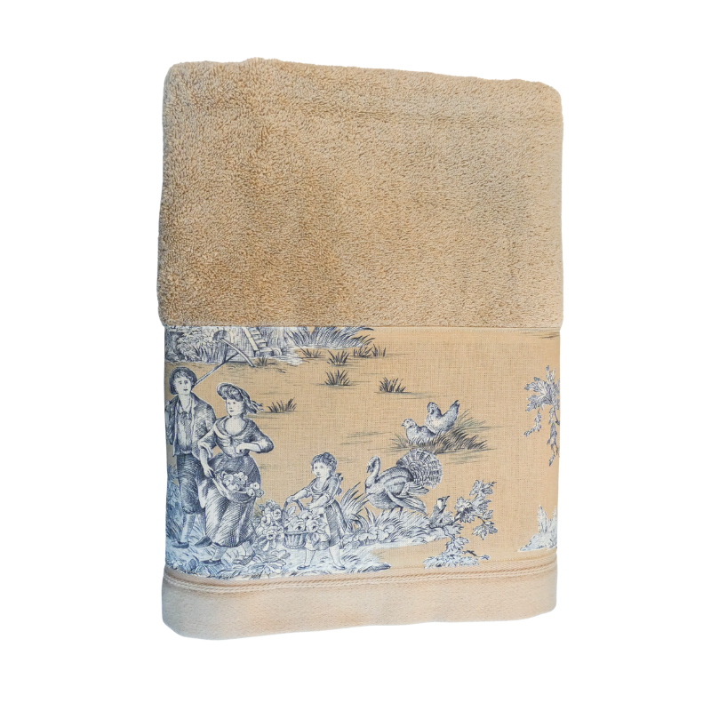 LINGE DE BAIN - COLLECTION PASTORALE BLEU FOND BEIGE - EPONGE TAUPE