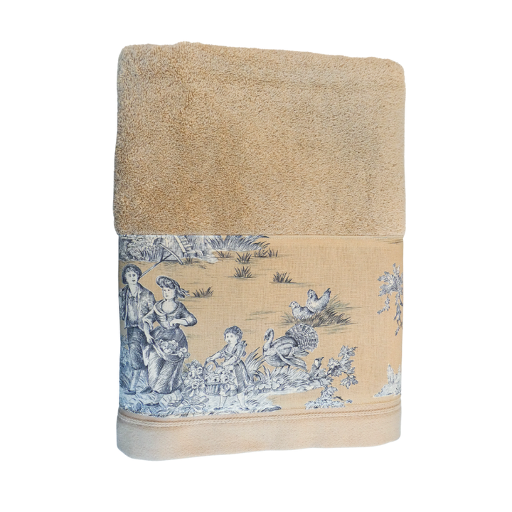 LINGE DE BAIN - COLLECTION PASTORALE BLEU FOND BEIGE - EPONGE TAUPE