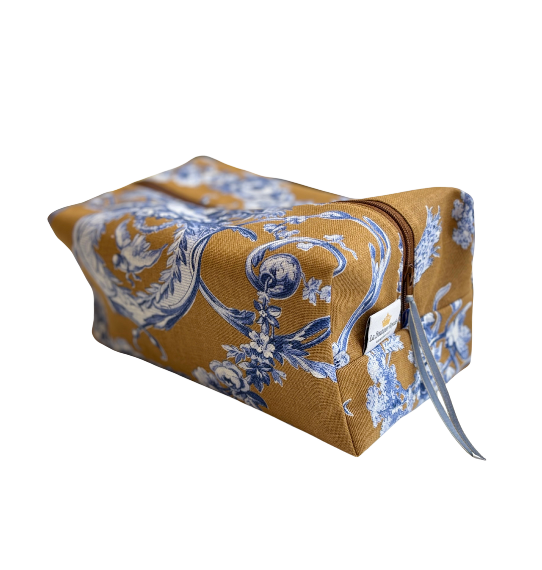 Trousse de Toilette Cube - Toile de Jouy Ludivine Bleu Camel