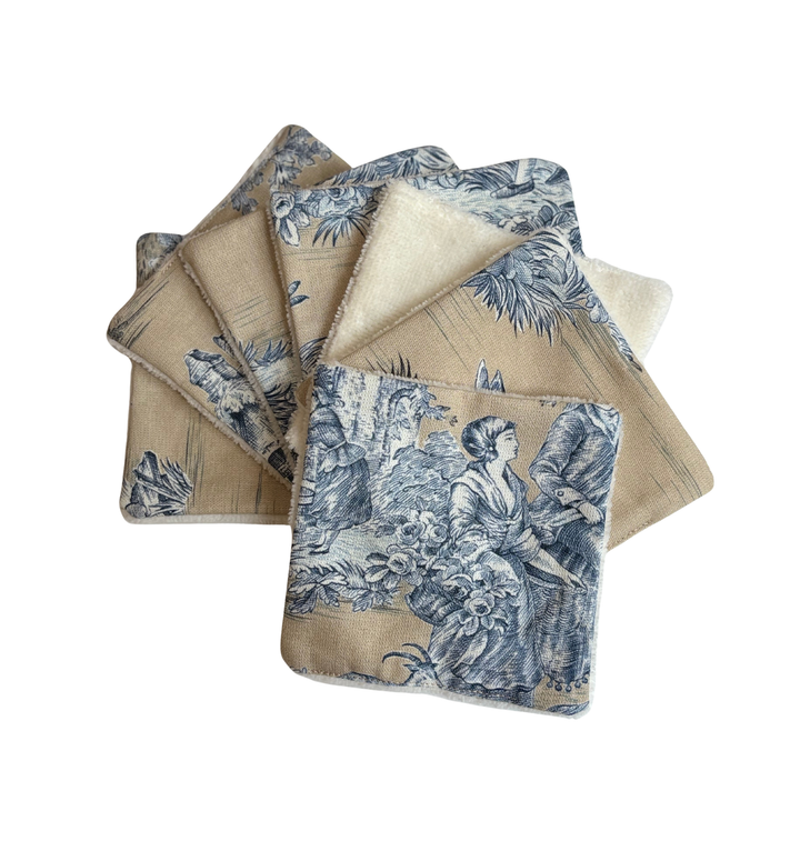Cotons Démaquillants - Toile de Jouy Pastorale Bleu fond Beige