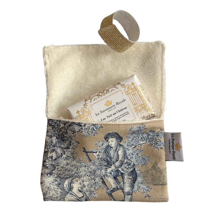 Pochette à Savon - Toile de Jouy Pastorale Bleu fond Beige