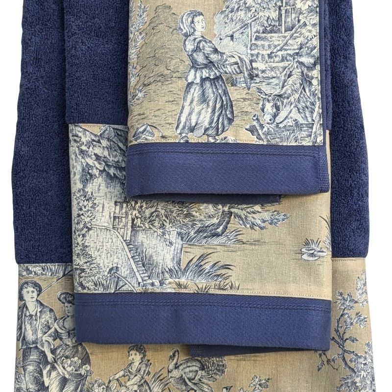 LINGE DE BAIN - COLLECTION PASTORALE BLEU FOND BEIGE - EPONGE TAUPE