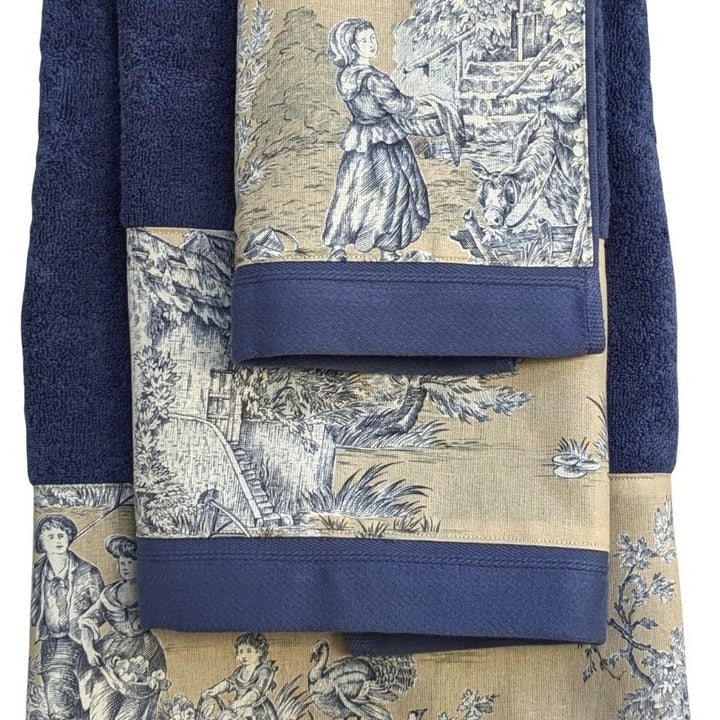 LINGE DE BAIN - COLLECTION PASTORALE BLEU FOND BEIGE - EPONGE TAUPE