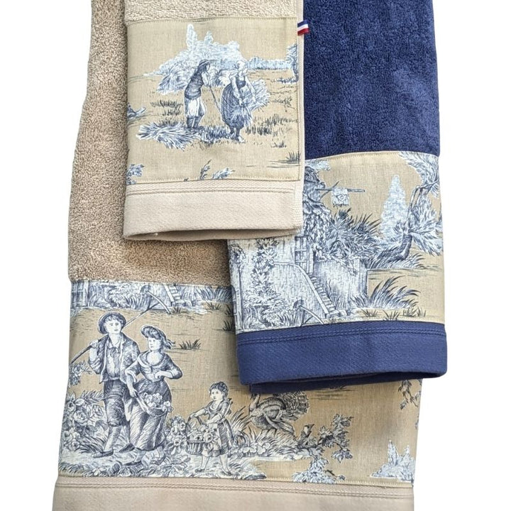 LINGE DE BAIN - COLLECTION PASTORALE BLEU FOND BEIGE - EPONGE TAUPE