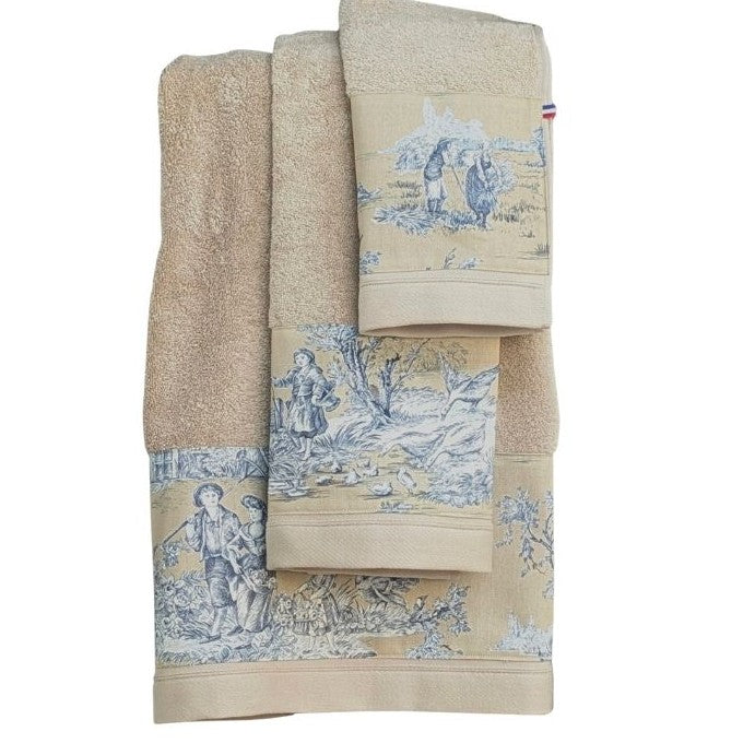 LINGE DE BAIN - COLLECTION PASTORALE BLEU FOND BEIGE - EPONGE TAUPE
